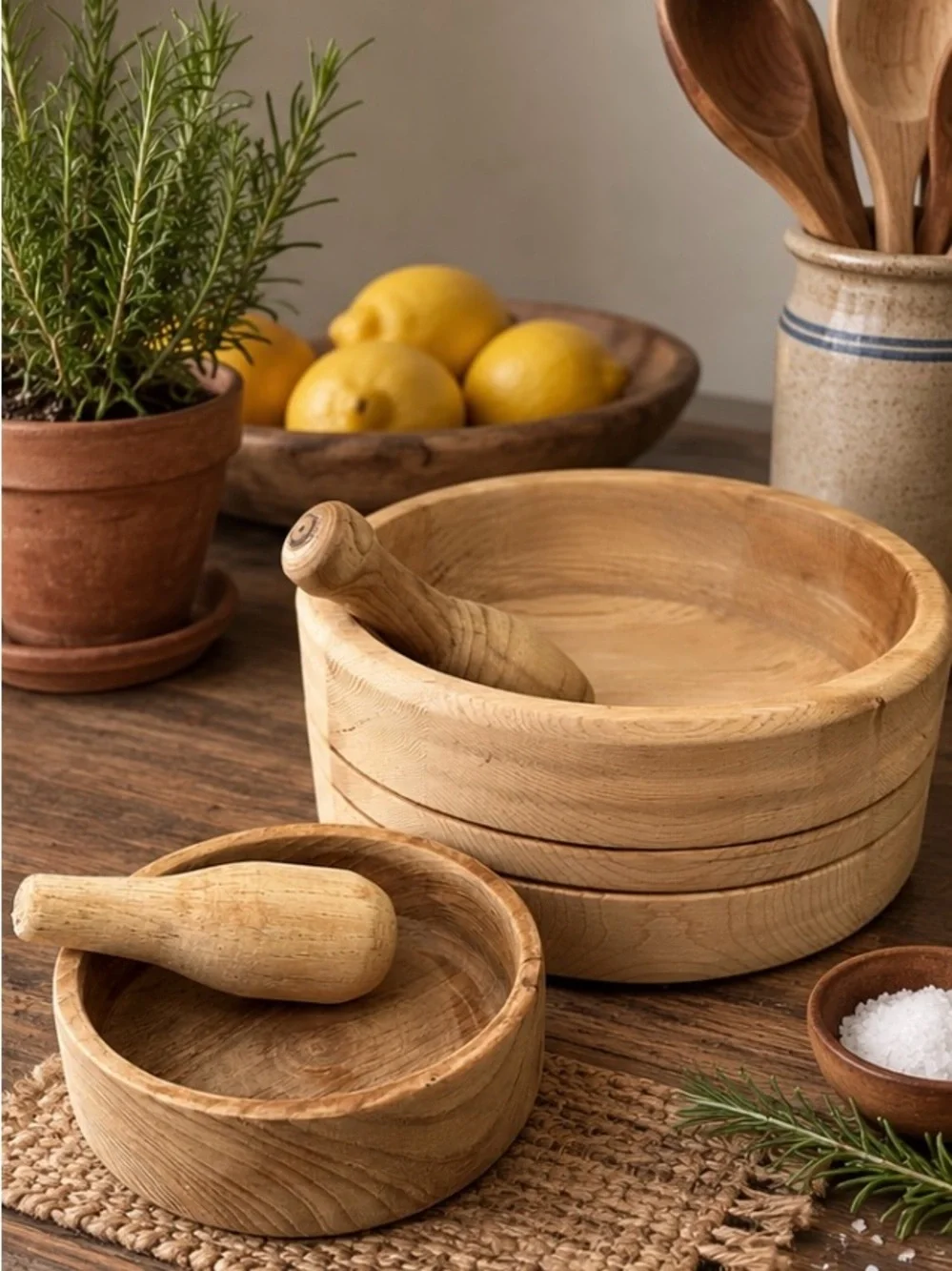 Set of 2 Natural Wood Mortar and Pestle Sets Light Wood Natural Grain Primitive